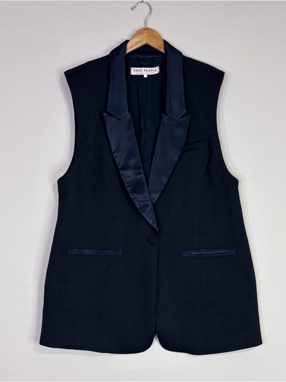 Free People Black Tailored Vest Satin Lapel Longline Blazer L